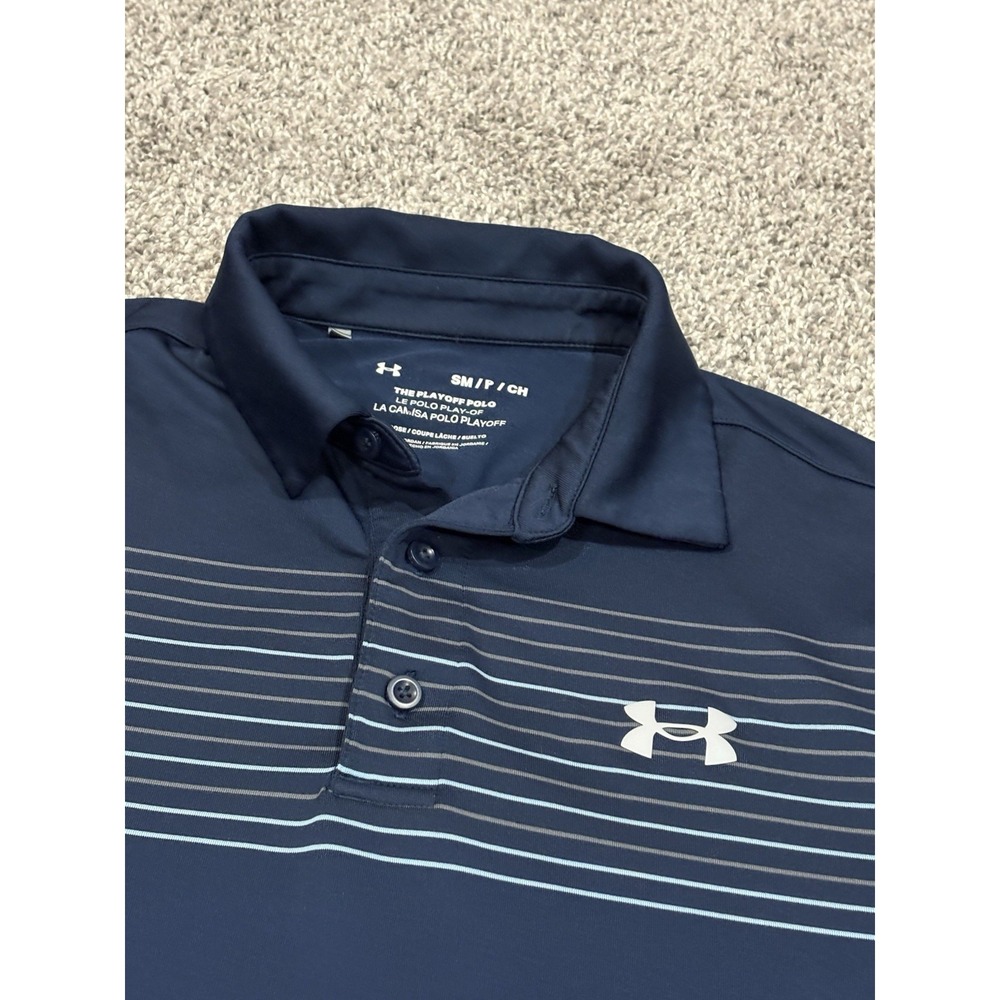 Under Armour Mens‎ The Playoff Polo Navy Blue Striped Golf Shirt Small Loose Fit